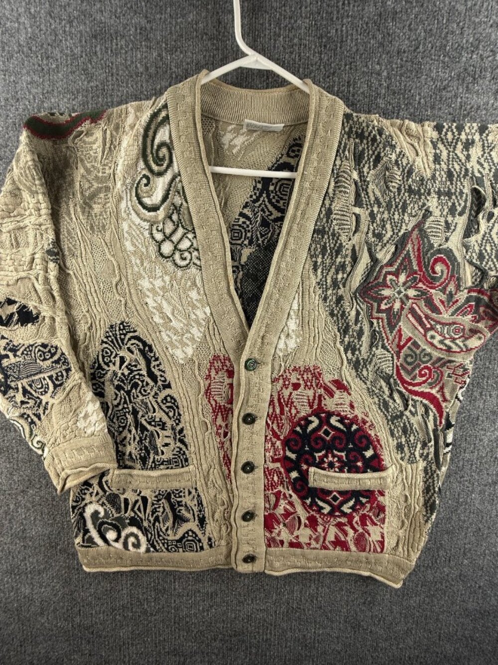 Coogi Knit Cotton Geometric Sweater Large Cardigan Australia Beige Red Swirls